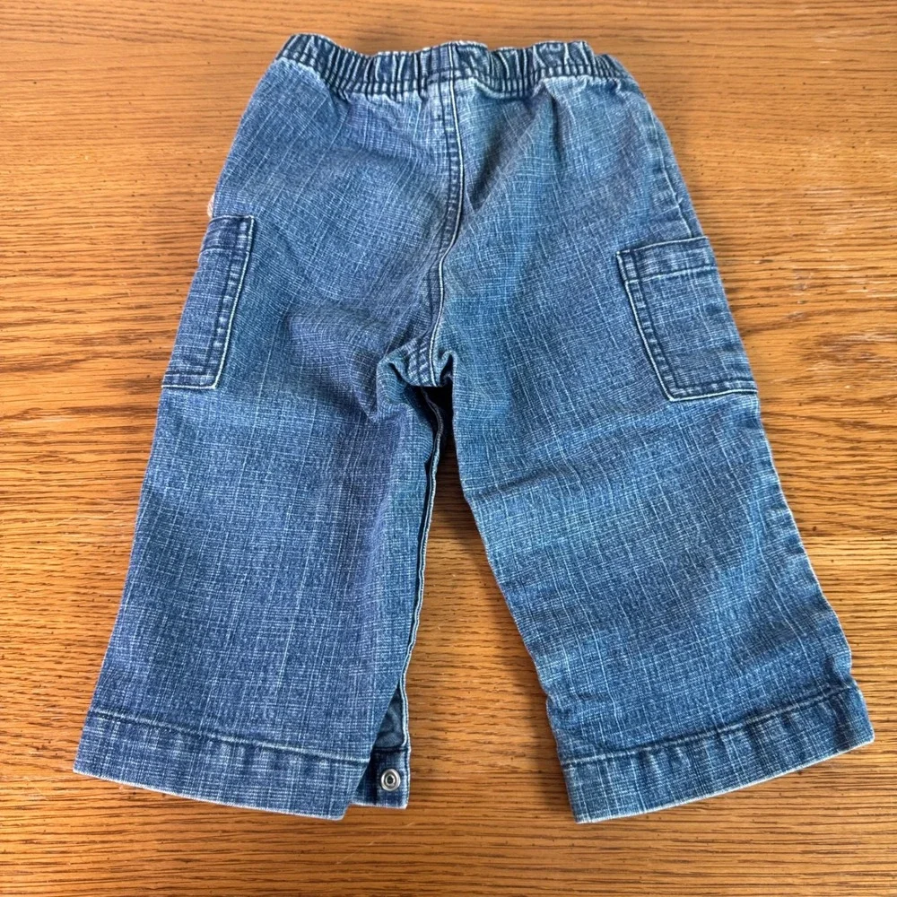 Vintage 2004 Gymboree Sock Monkey Denim Cargo Pants Blue Snap Inseam Baby 12-18M